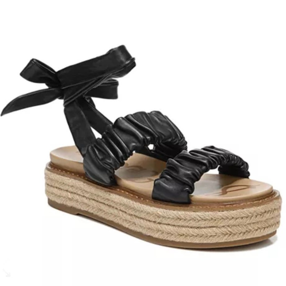 Sam Edelman Black Ruched Leather Espadrille Platform Sandals